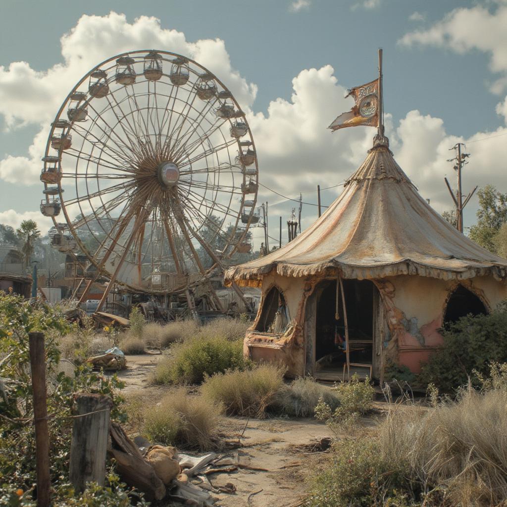 Abandoned carnival setting in Bones and All, symbolizing lost innocence and forgotten dreams.