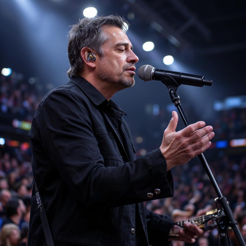 Bono of U2 performing with his eyes closed, holding a microphone close to his mouth