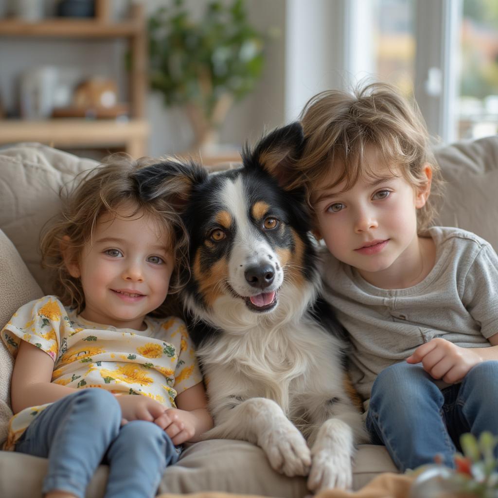 border collie relaxing with family on couch