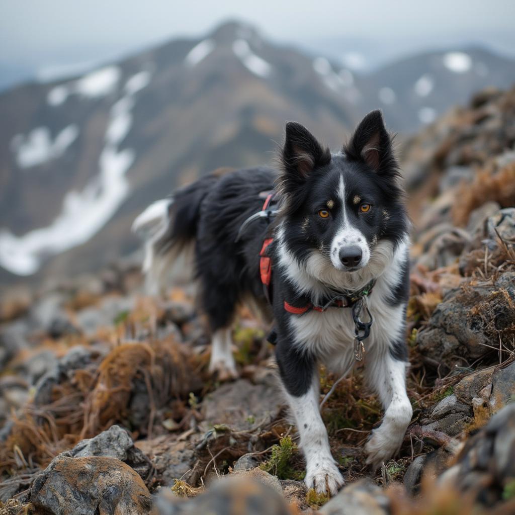 border collie in search and rescue operation on mountain