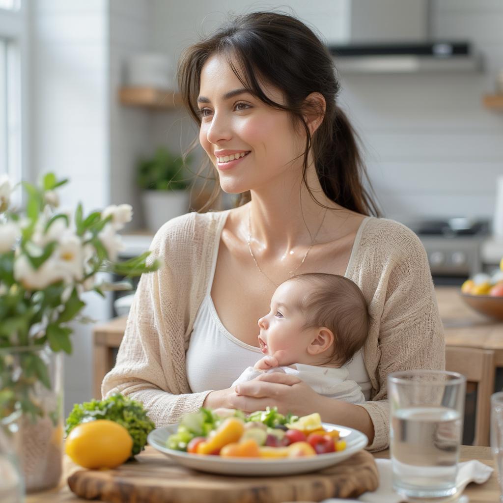 Breastfeeding mom enjoying healthy meal