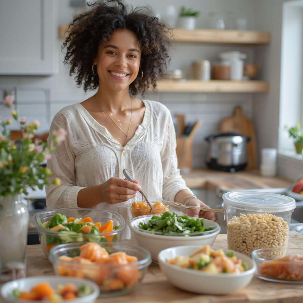 Breastfeeding mom prepping healthy meals