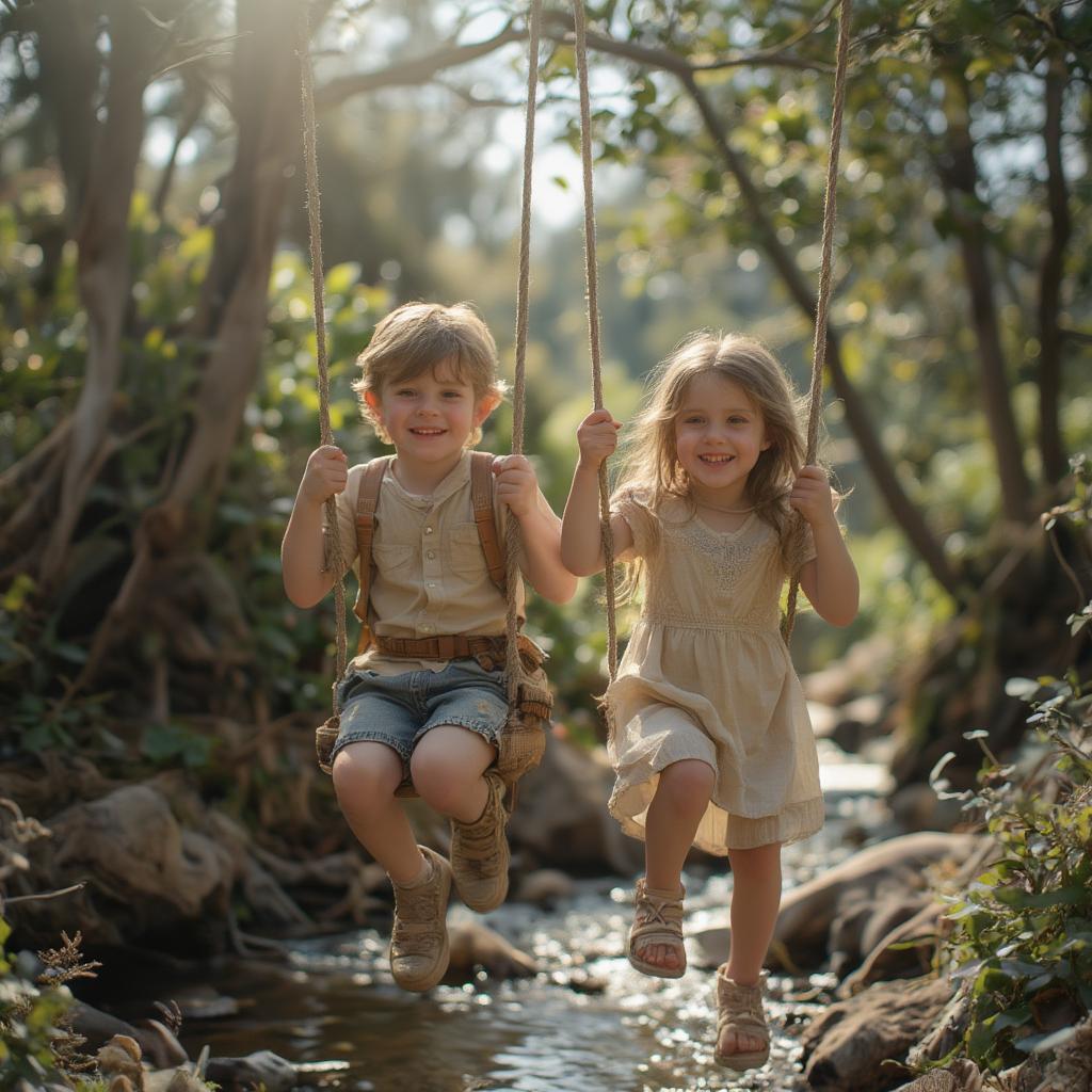 Kids Swinging on Rope over Creek into Terabithia