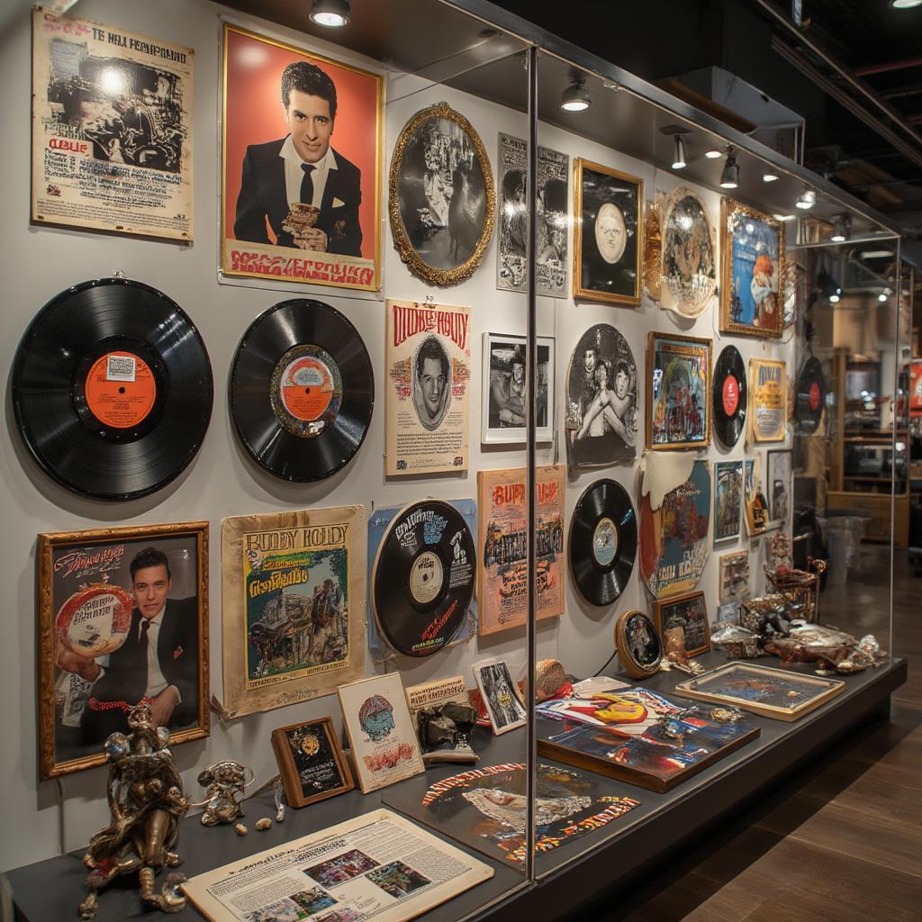 Display Case of Buddy Holly Memorabilia Including Records and Photographs