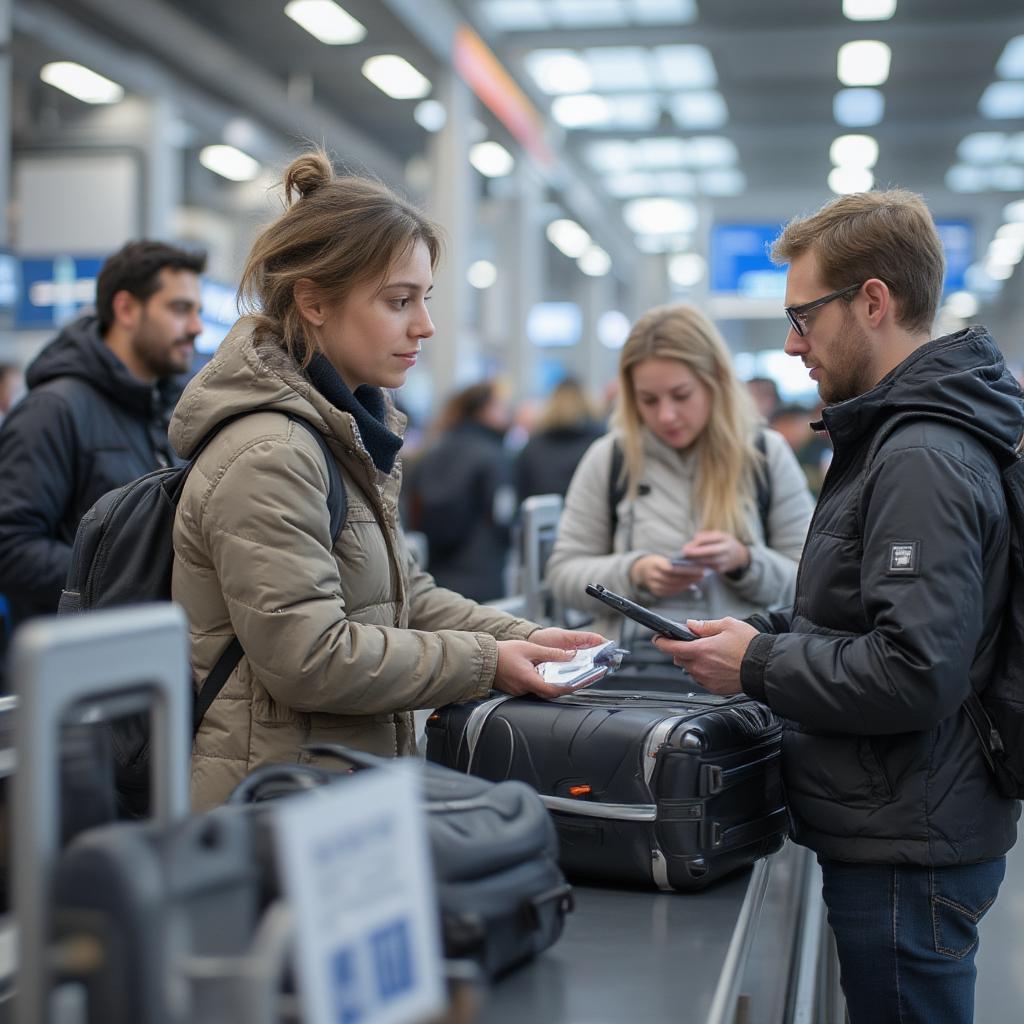 Passengers paying baggage fees at budget airline check-in counter