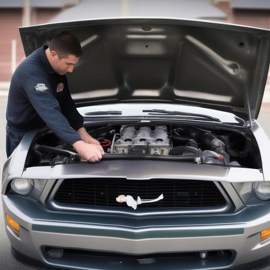 Mechanic Inspecting Bullitt Mustang Engine