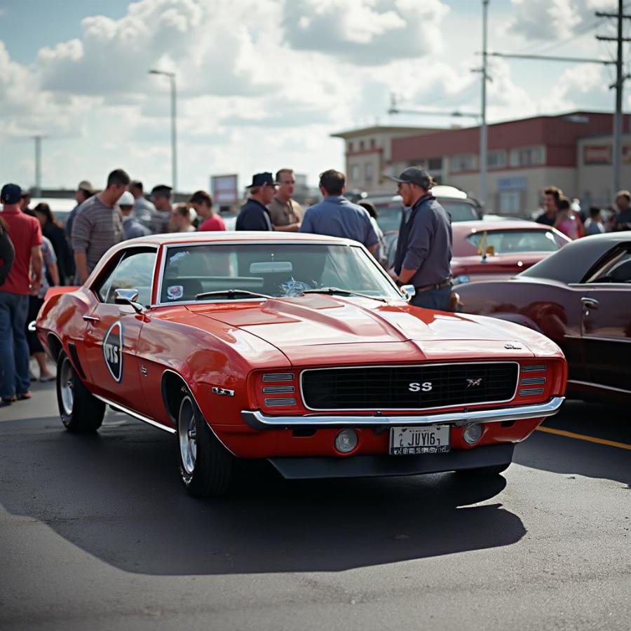 Classic Camaro on display at a car show, attracting attention from enthusiasts