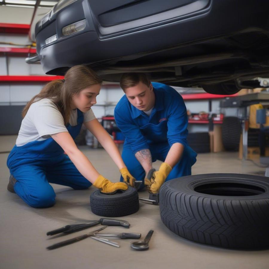 Participants practicing tire rotation during a weekend mechanic class.