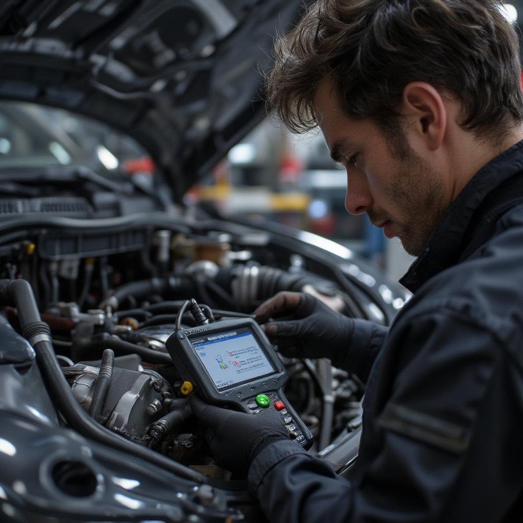 car mechanic diagnosing engine