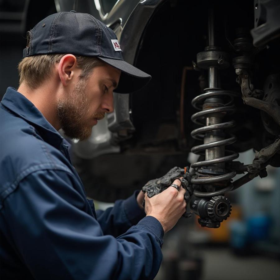 Car Mechanic Working on a Vehicle's Suspension System