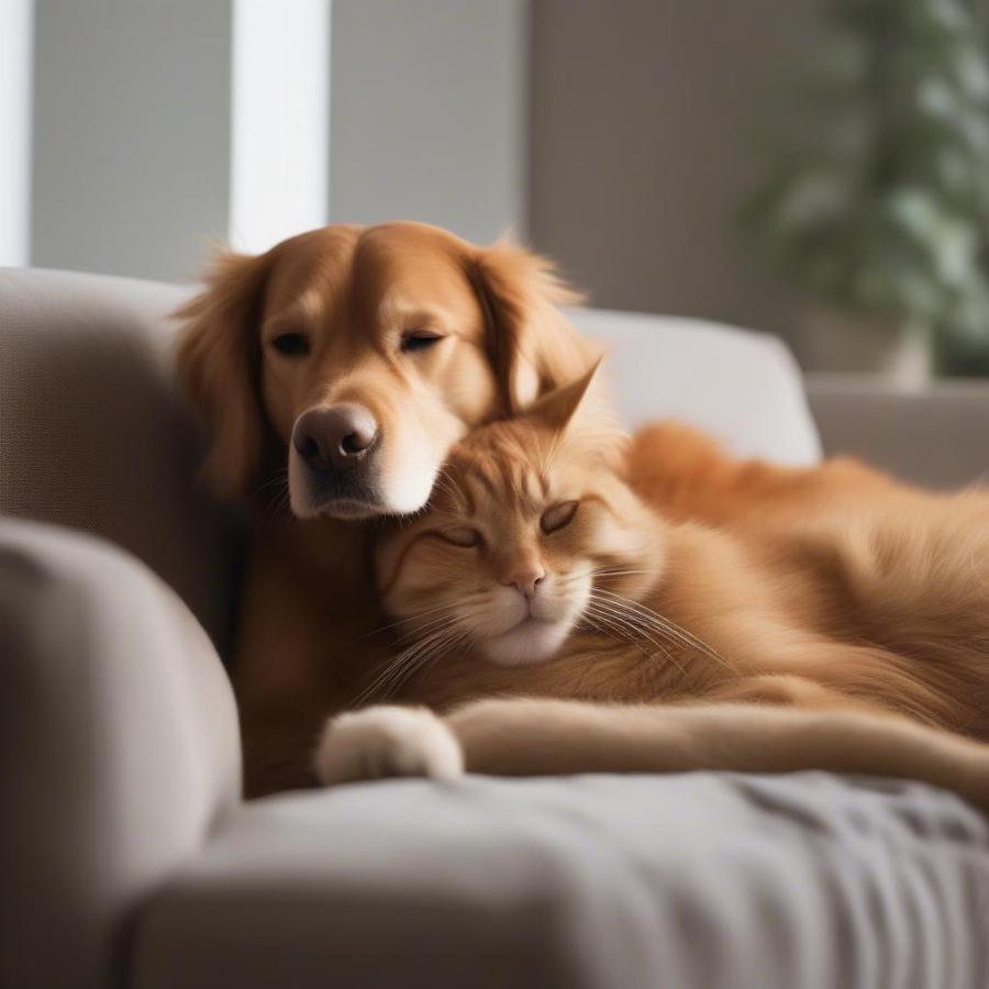 Cat and Dog Cuddling on a Sofa: A heartwarming image depicting a ginger cat and a golden retriever snuggled together on a comfortable sofa, showcasing their unlikely but beautiful friendship.