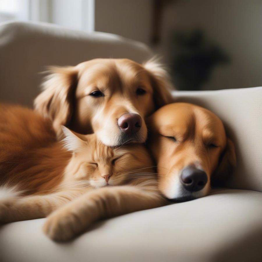 Cat and Dog Cuddling on Sofa: A heartwarming depiction of interspecies friendship, showcasing a cat and a dog snuggled together on a comfortable sofa, demonstrating a strong bond of affection and companionship.