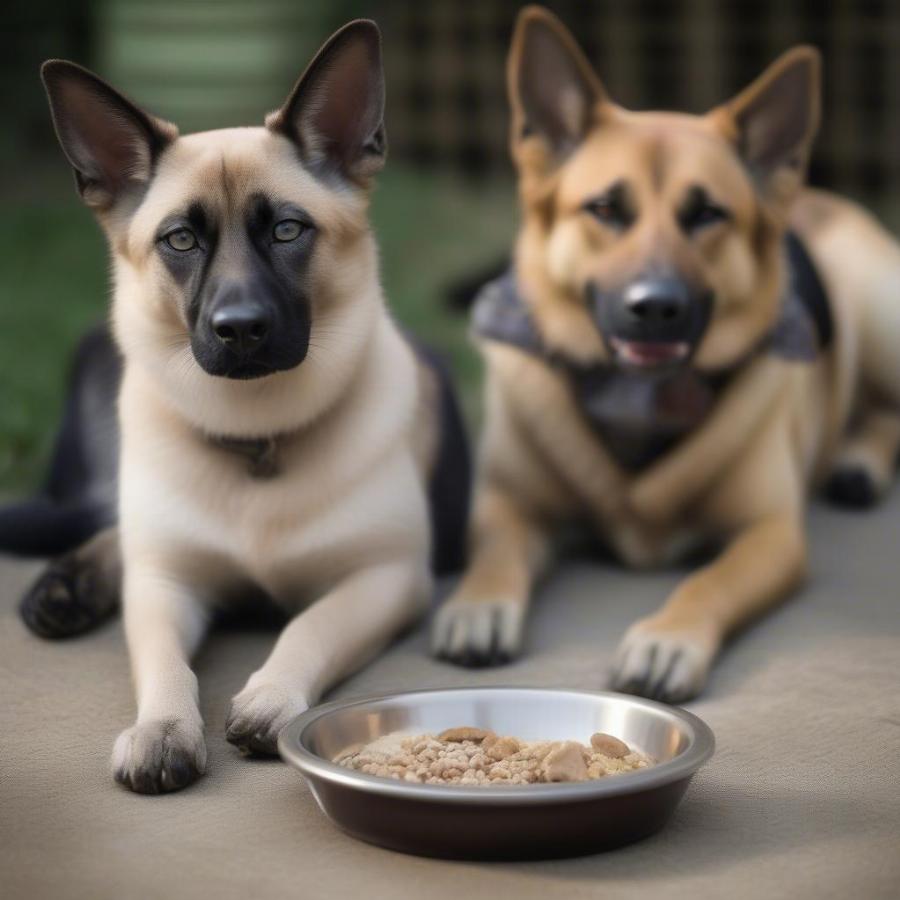 Cat and Dog Eating Together From Separate Bowls: This image showcases a cat and a dog peacefully eating their meals from separate bowls, demonstrating a respectful and harmonious cohabitation.