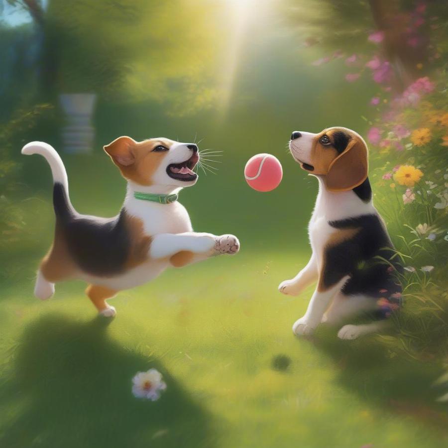 Cat and Dog Playing Together in Garden: This image shows a playful interaction between a cat and a dog in a lush green garden, highlighting their joyful companionship and shared enjoyment of outdoor activities.