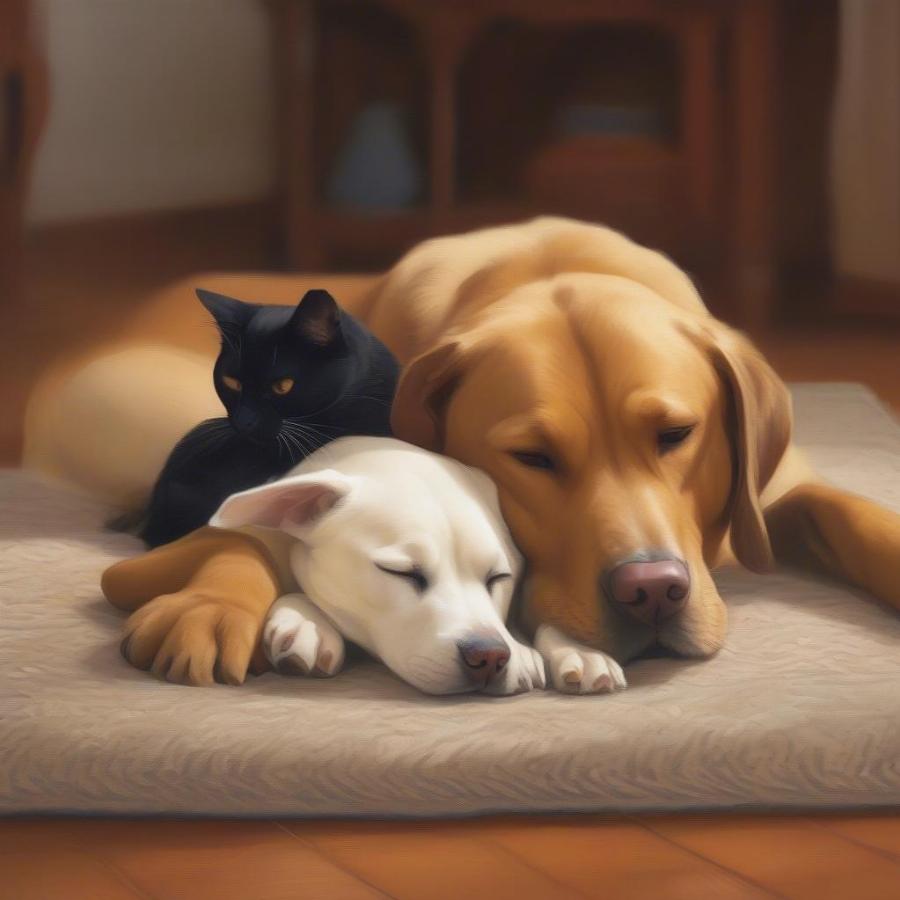 Cat and Dog Sharing a Nap: This touching image captures a cat and a dog peacefully napping together, showcasing their deep bond and comfortable companionship.