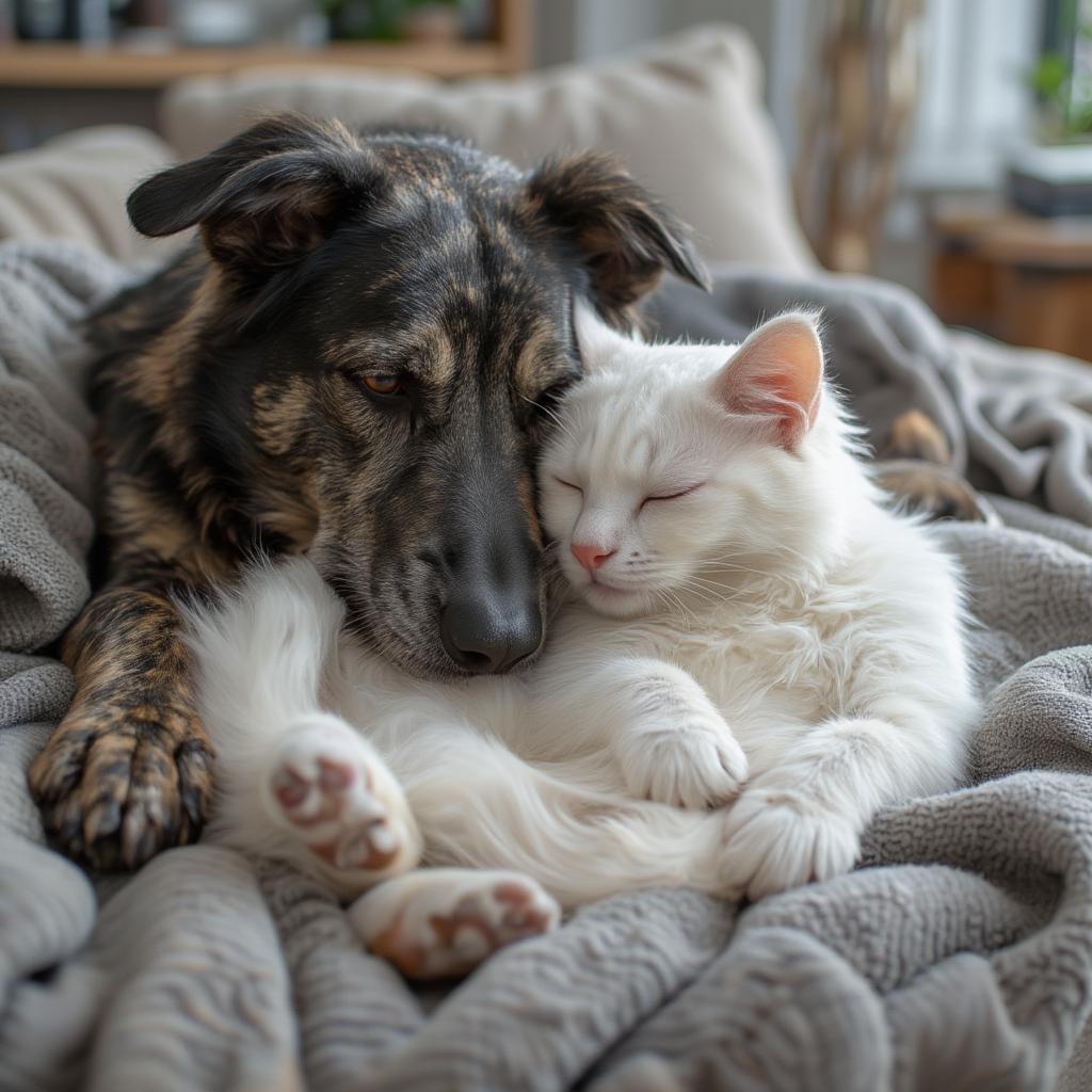 A cat and dog sleeping peacefully together 