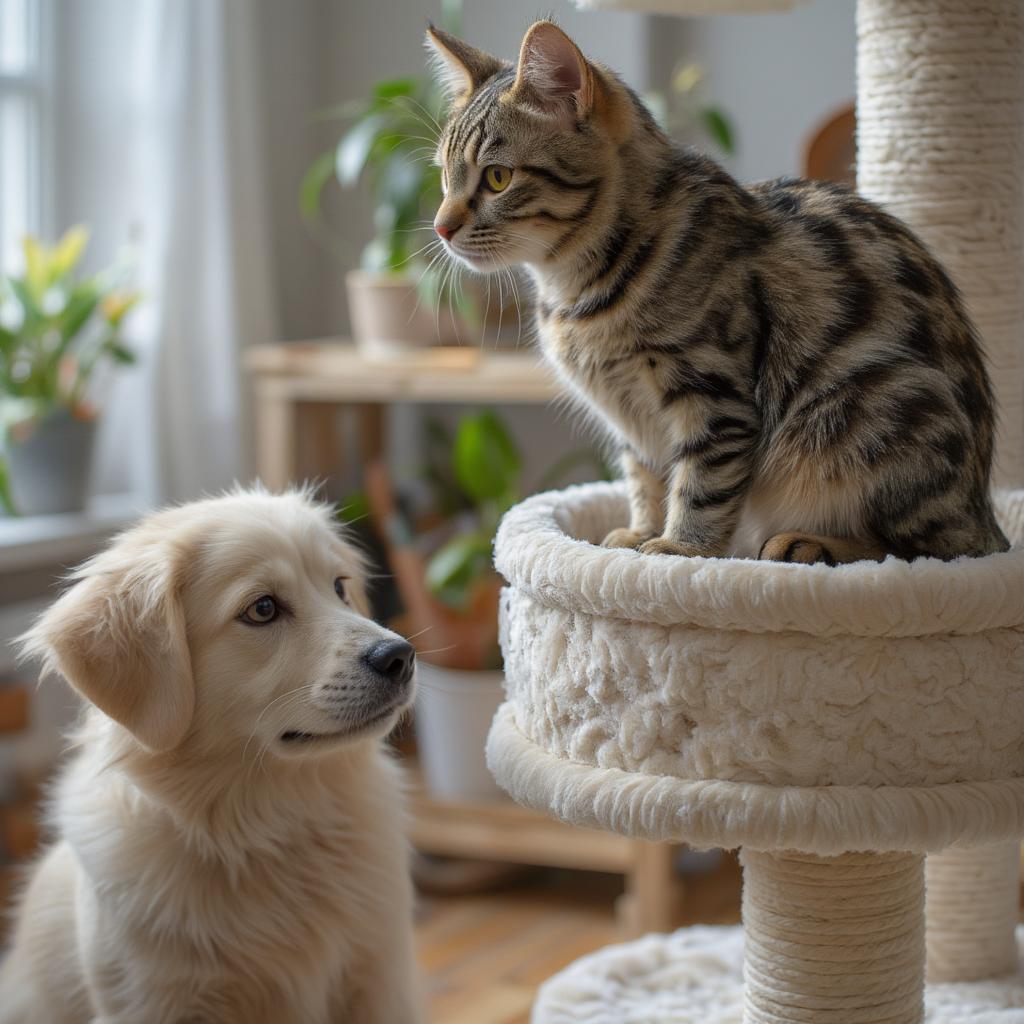 Cat Observing Dog from a High Perch