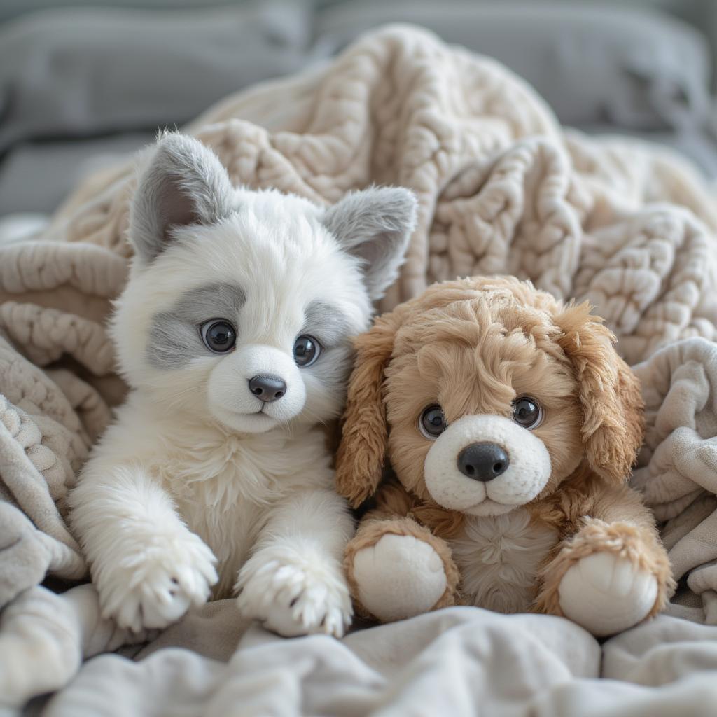 cat and dog stuffed toys on bed