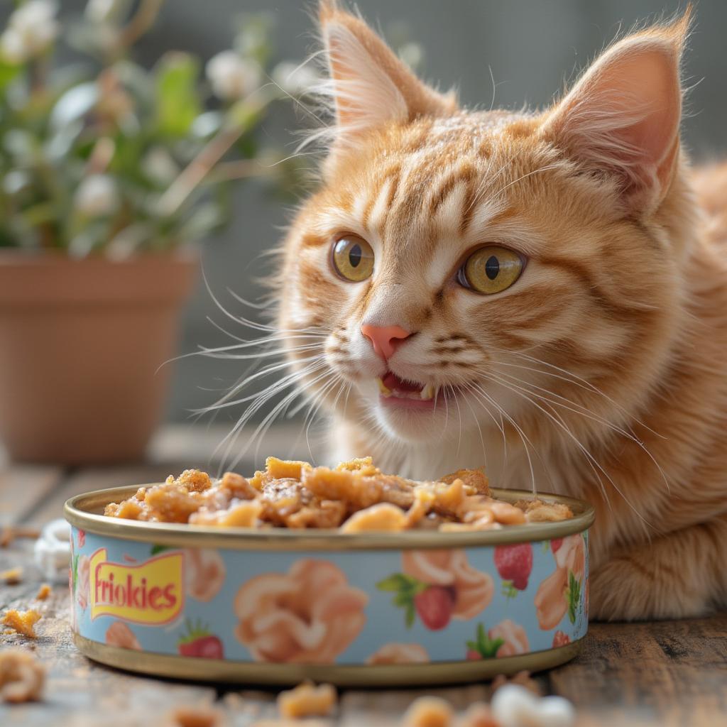 Cat Eating Friskies Canned Food Shreds