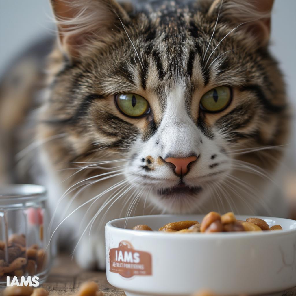 Cat Enjoying Iams Perfect Portions Food in a Dish