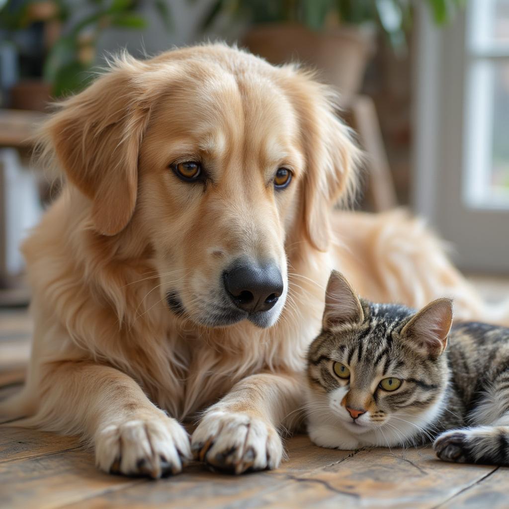 Golden Retriever lying peacefully with a cat