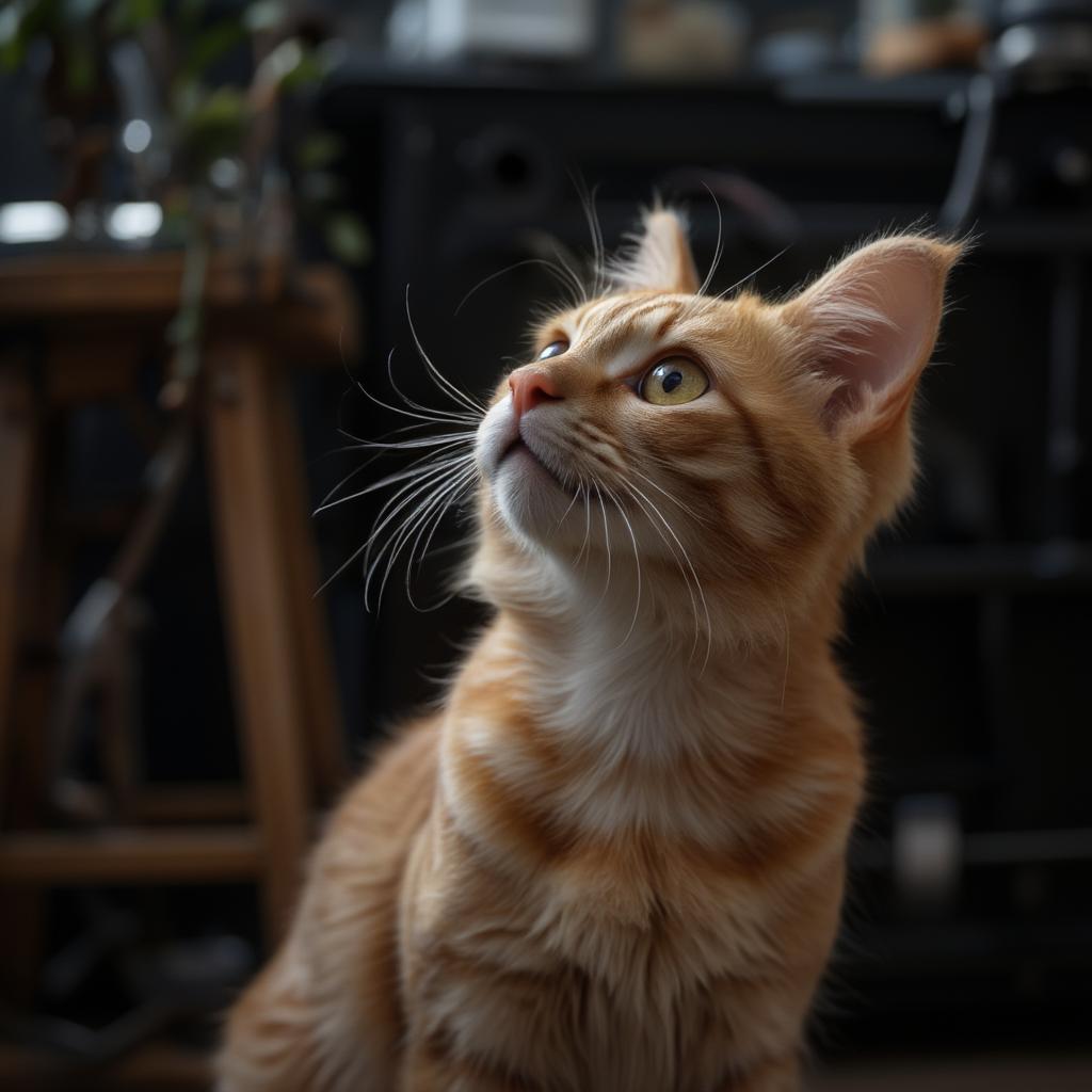 cat looking up in the light