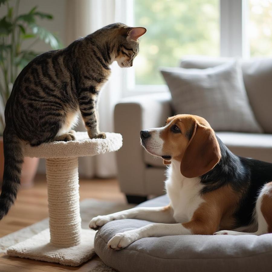 Cat Observing Dog From Cat Tree