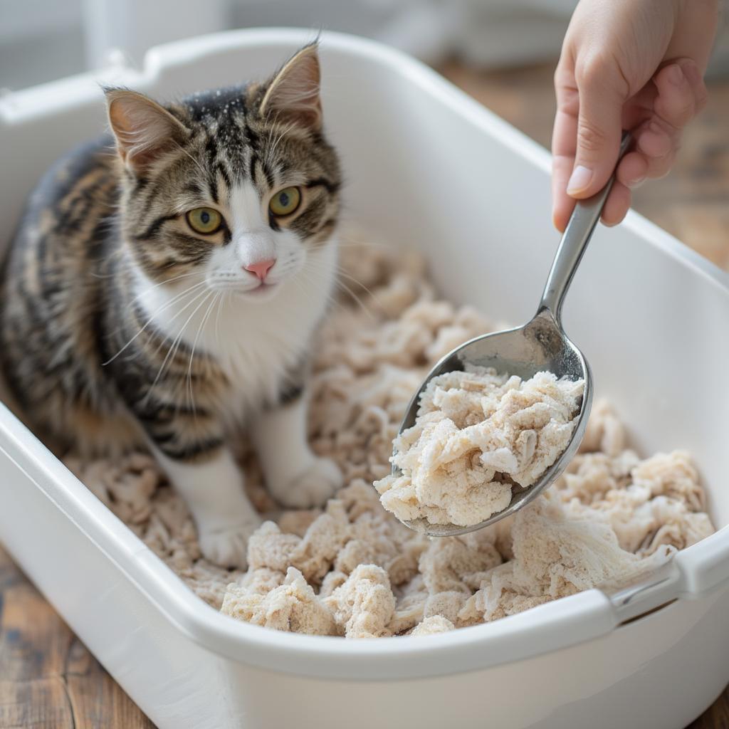 Cat Owner Easily Scooping Clumps from Litter Box