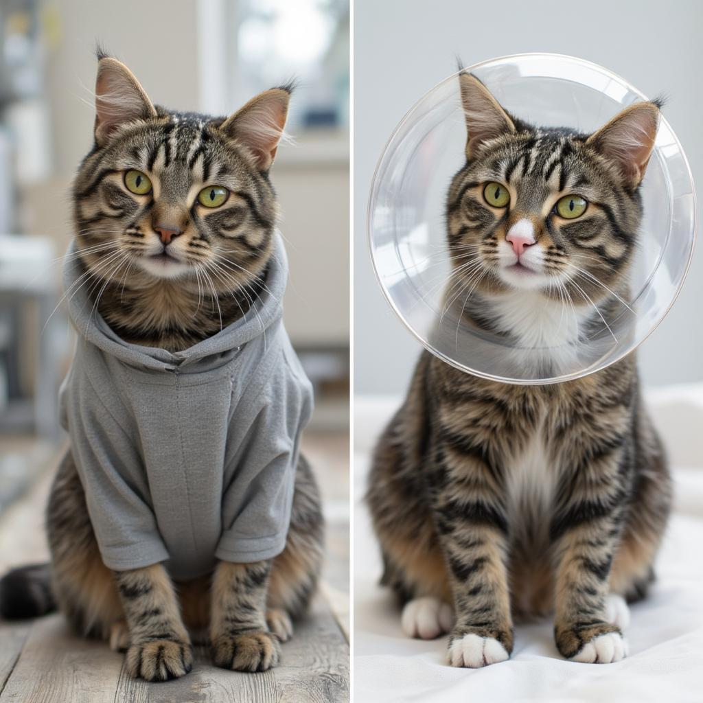 Comparison between recovery suit and Elizabethan collar