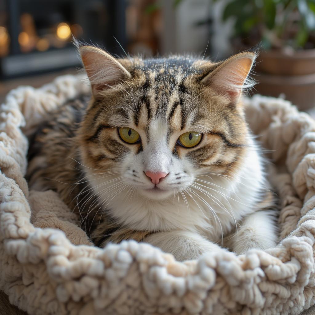 Contented cat resting comfortably on a cozy cat bed