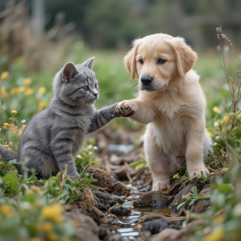 Cat extending paw to help a small puppy