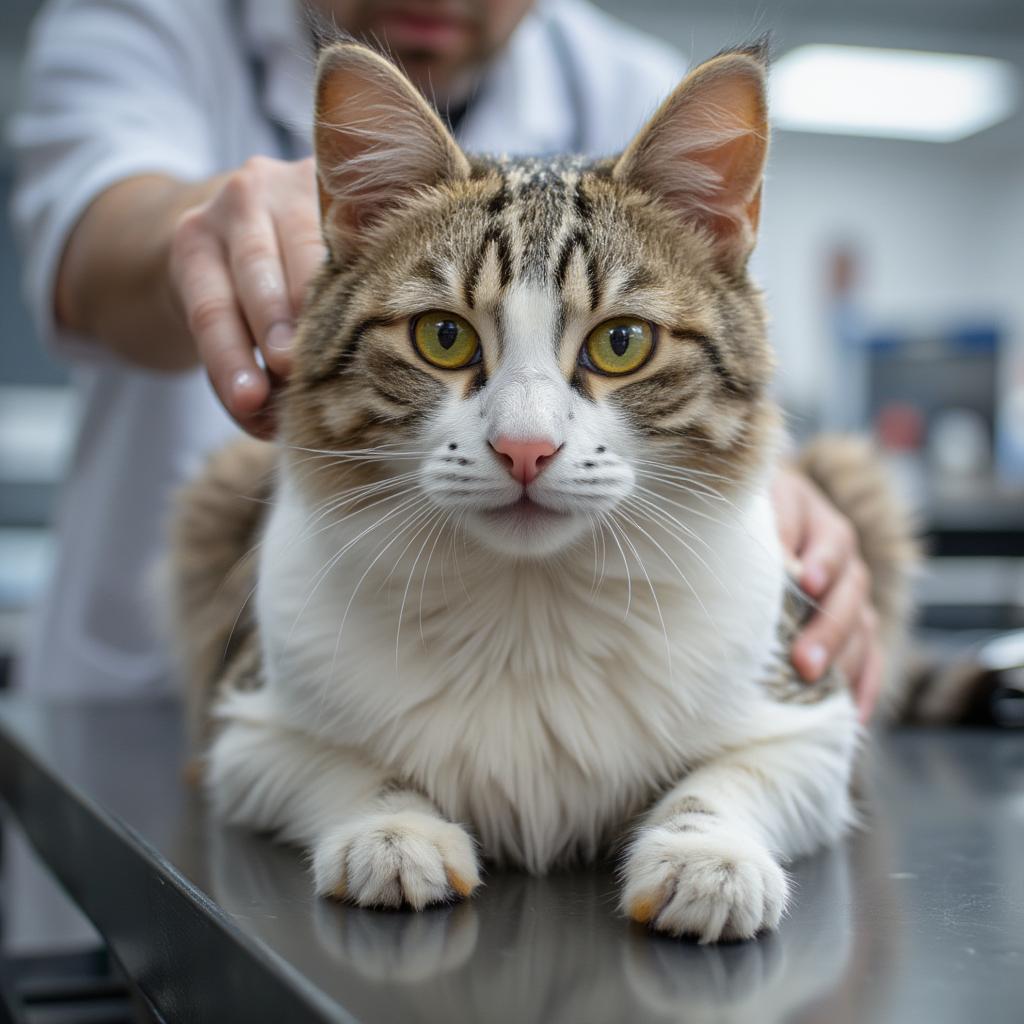 cat getting health check at vet