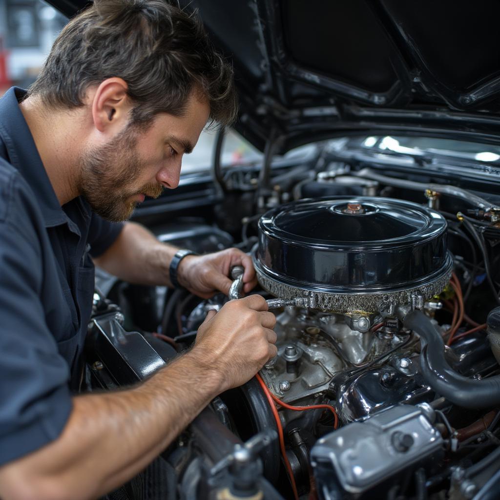 Inspecting the Engine of a Chevy Bel Air