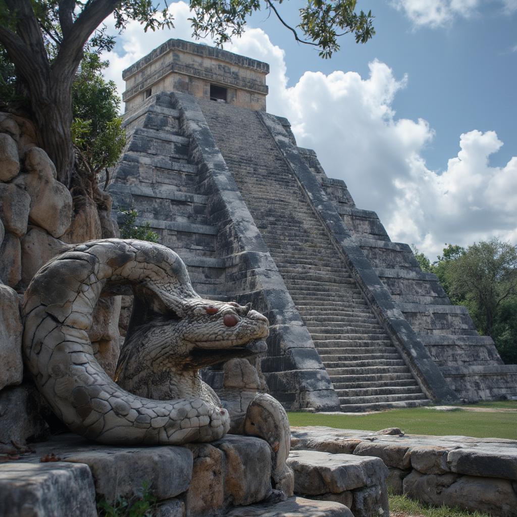 Chichen Itza's El Castillo pyramid during the equinox with the serpent shadow