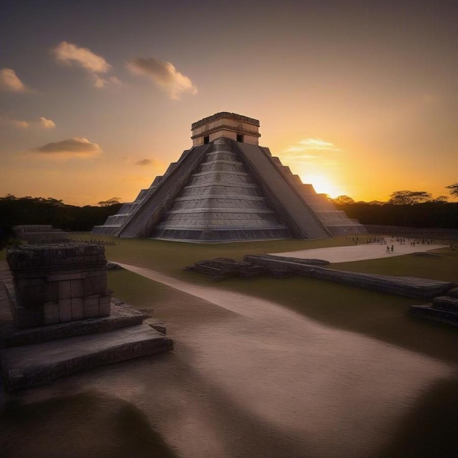 Chichen Itza, a Mayan wonder in the Yucatan Peninsula, stands tall against the setting sun.