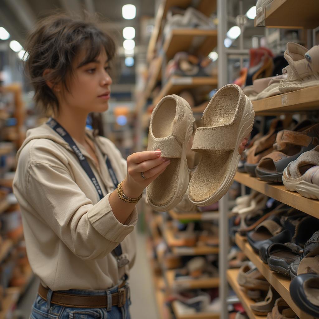 person choosing lifestyle sandals from shelf