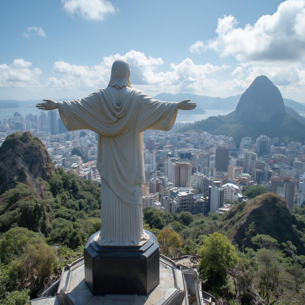 Christ the Redeemer statue stands atop Corcovado Mountain with a breathtaking panoramic view of Rio de Janeiro city in the background, Brazil.