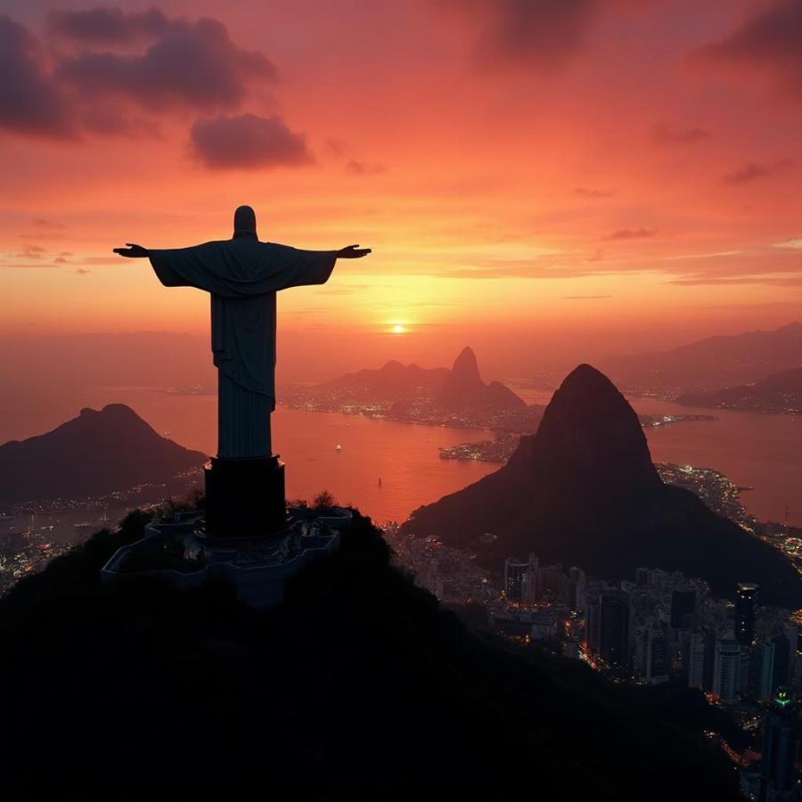 Christ the Redeemer Statue at Sunset with Rio de Janeiro Cityscape in the Background