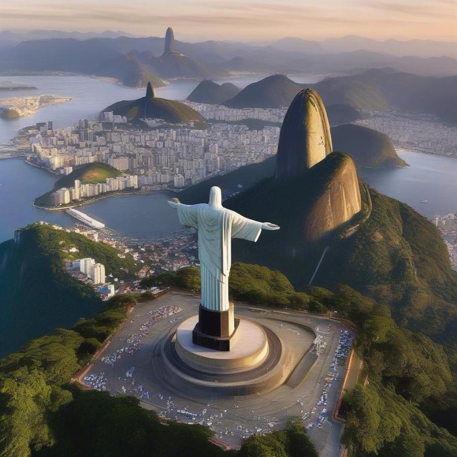 Aerial view of Christ the Redeemer statue overlooking Rio de Janeiro, Brazil, showing the cityscape and Guanabara Bay.