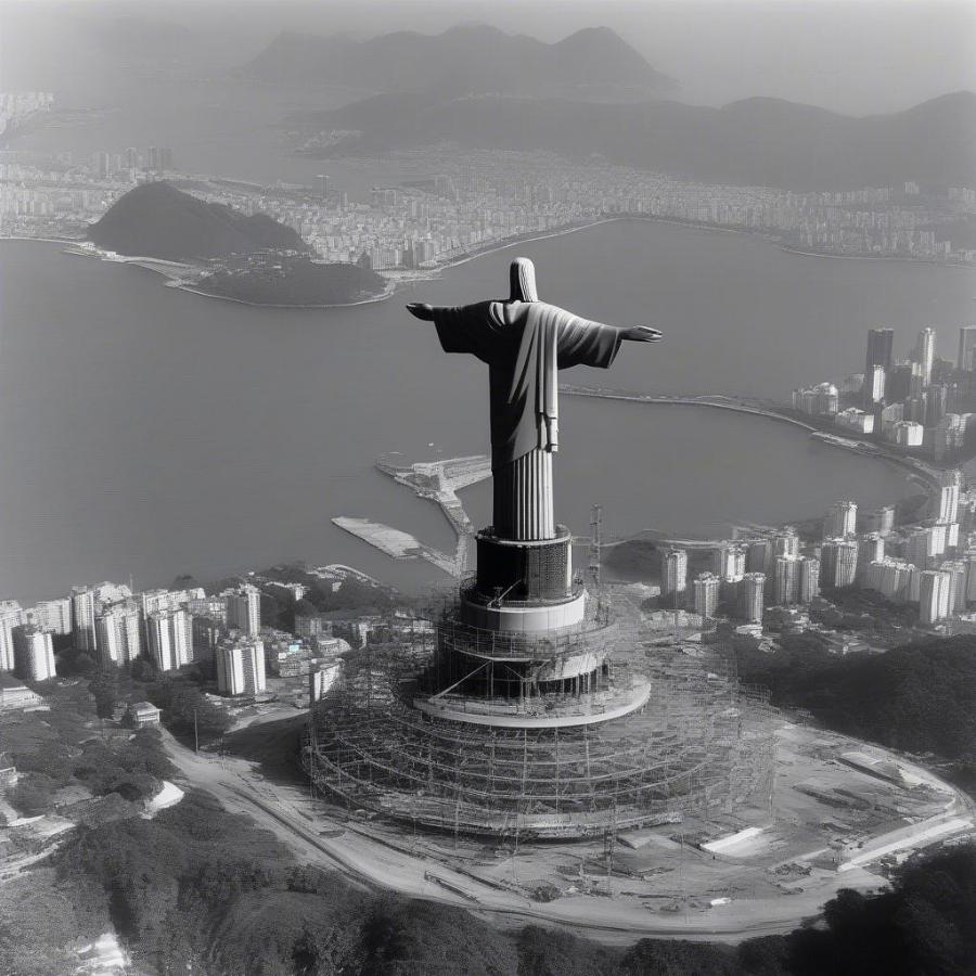 Christ the Redeemer statue under construction in Rio de Janeiro, Brazil, showing the scaffolding and workers.