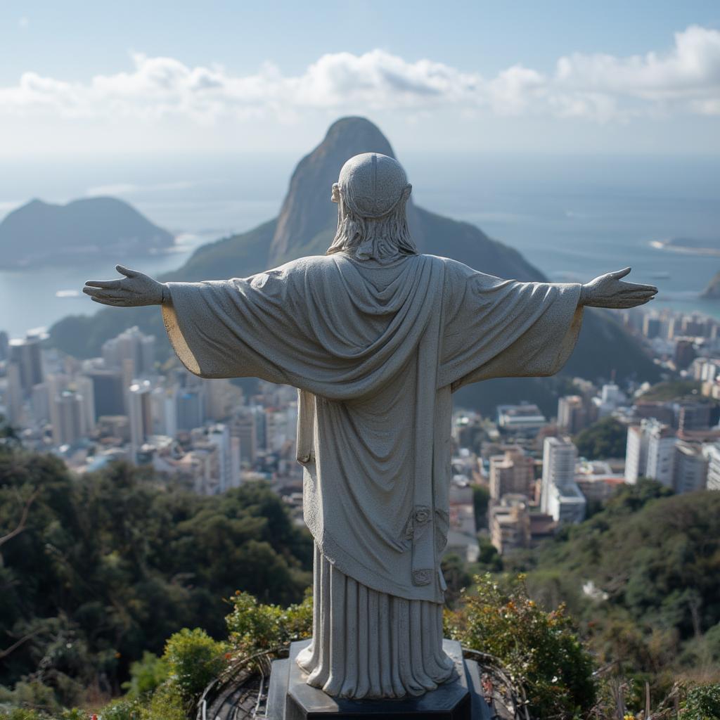 Christ the Redeemer statue standing tall against a breathtaking panoramic view of Rio de Janeiro.