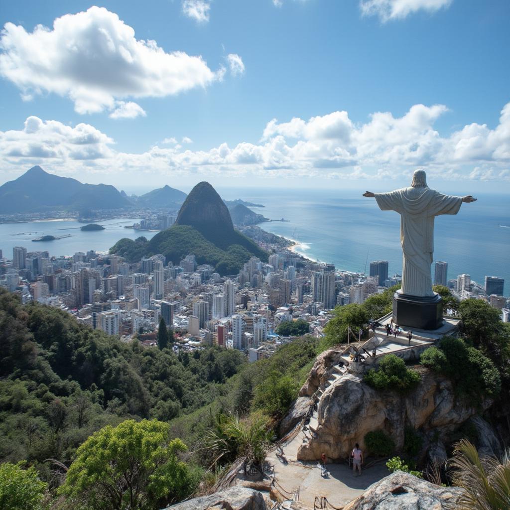 Panoramic view of Rio de Janeiro from the Christ the Redeemer statue, showcasing the city's iconic landmarks.