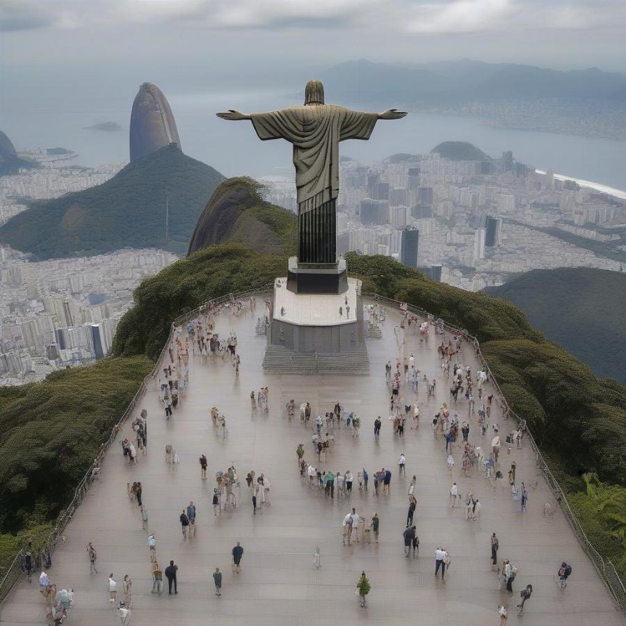 Visitors admiring the Christ the Redeemer statue from a viewpoint, showcasing the statue's scale and the surrounding landscape.