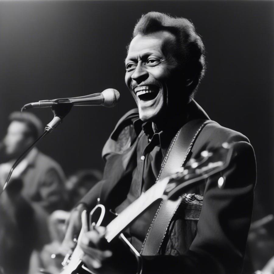 Chuck Berry, the brown-eyed handsome man of rock and roll, plays his signature guitar with electrifying energy.