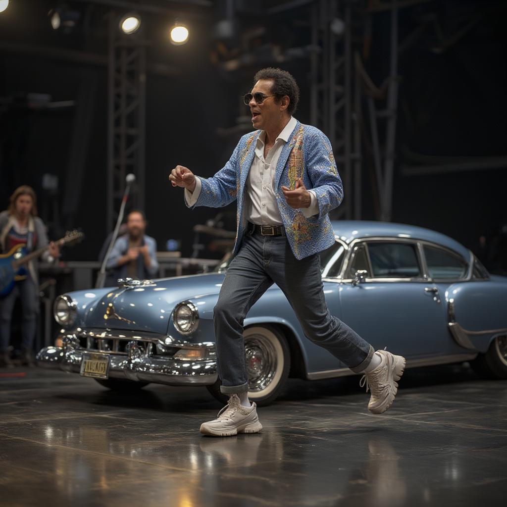 Chuck Berry performing his signature duckwalk next to a car