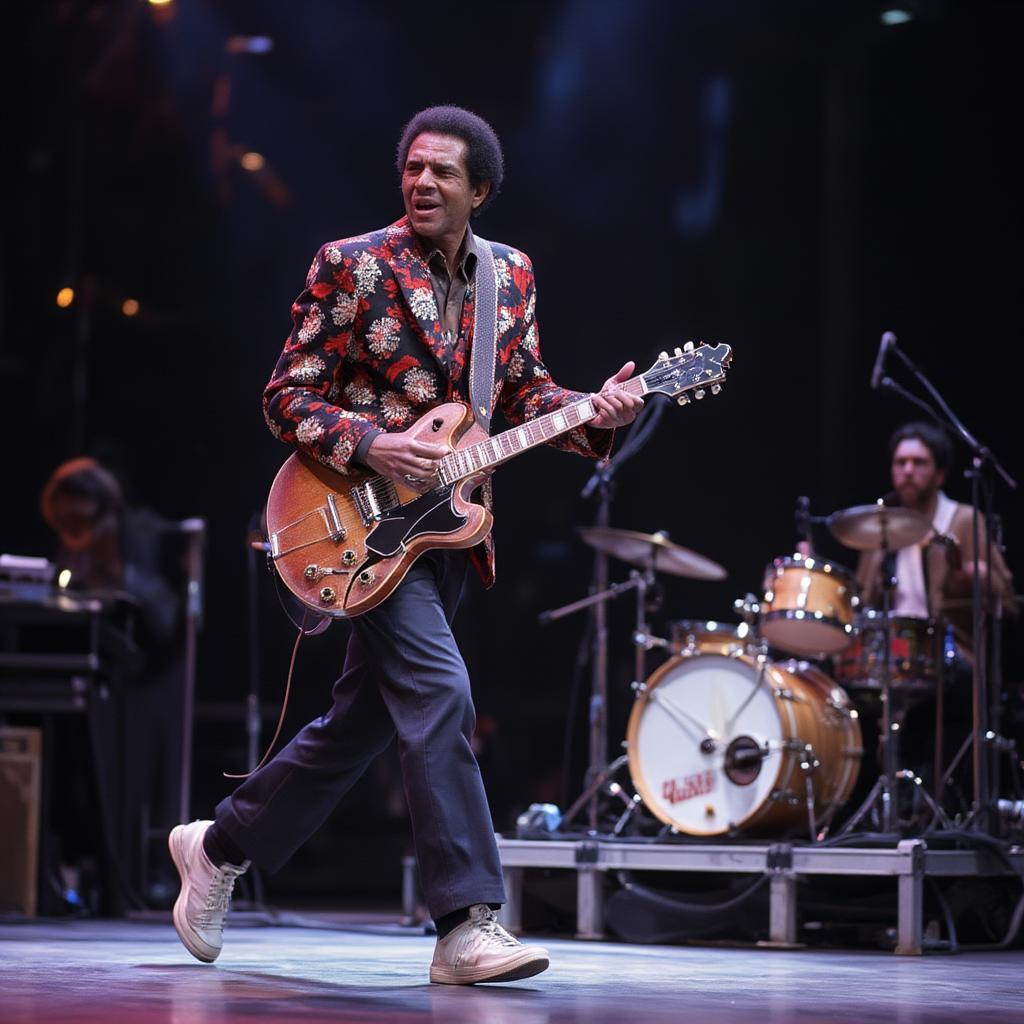 Chuck Berry duck walking on stage, iconic move