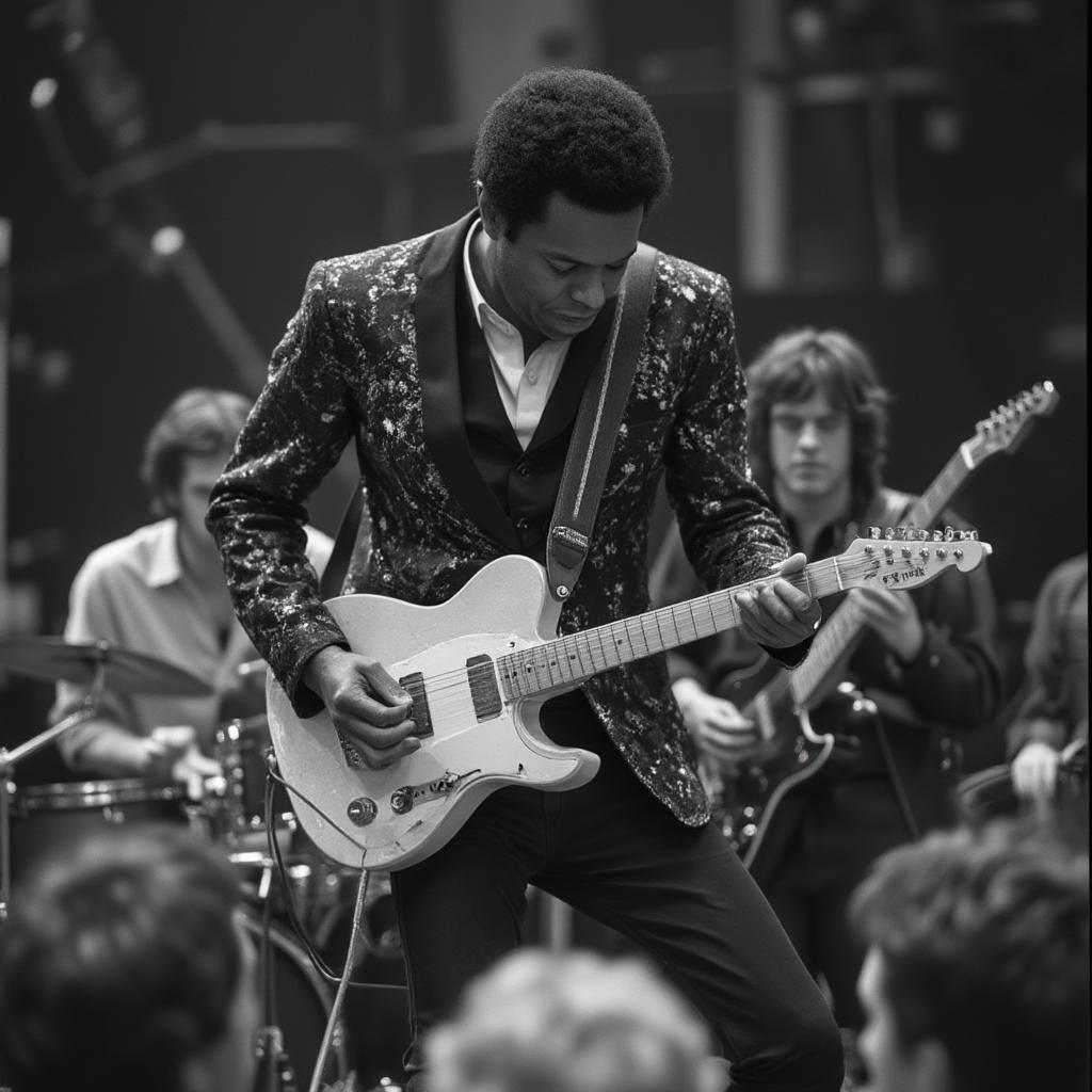 Chuck Berry performing while Eric Clapton and Keith Richards watch closely, admiring the legendary guitarist