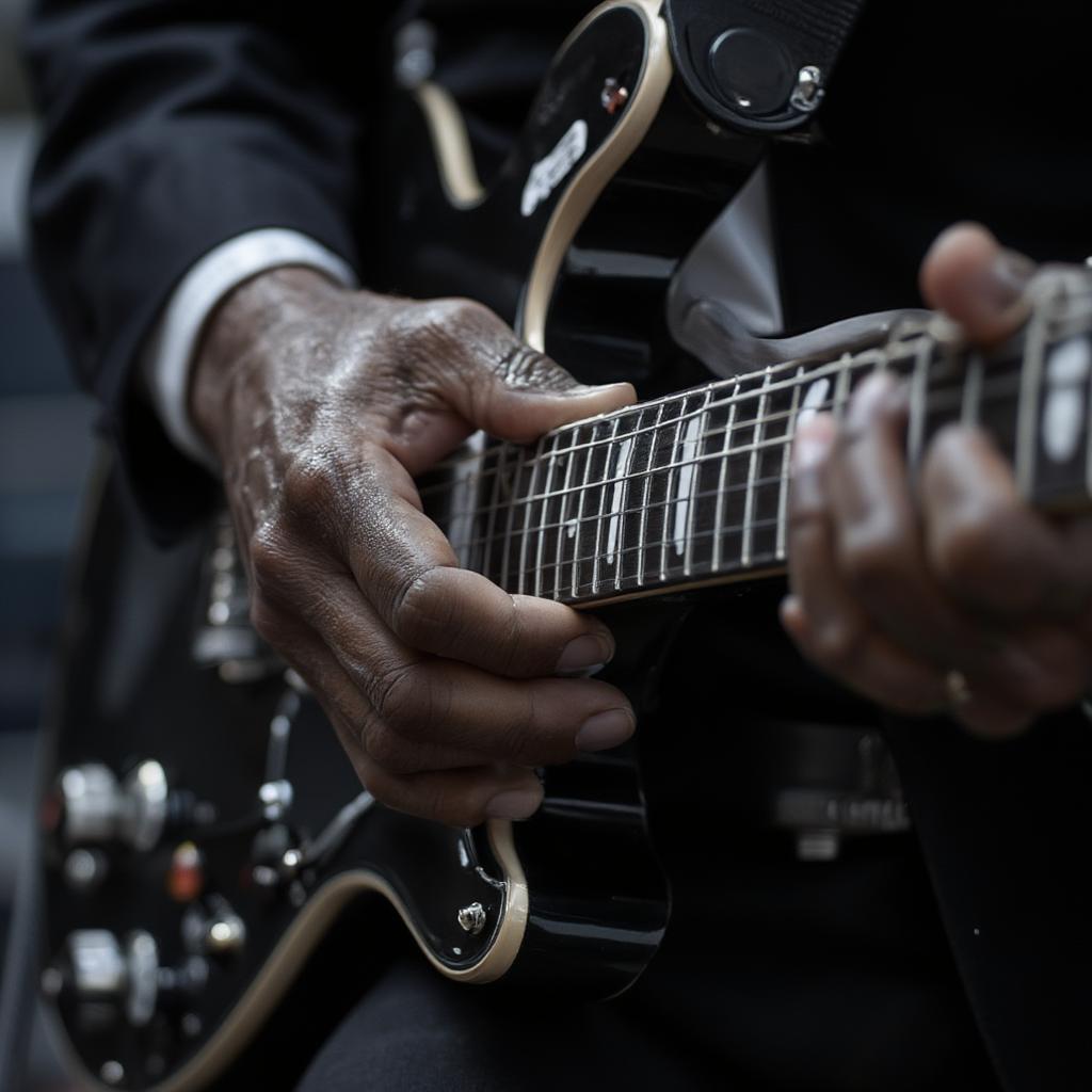 Detailed close up of Chuck Berry playing electric guitar