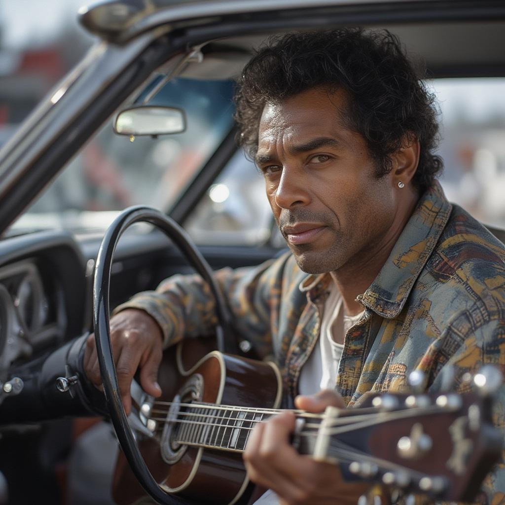 Chuck Berry sits inside a car holding his guitar