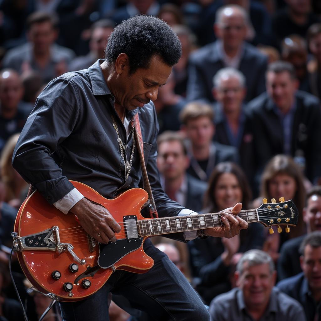 Chuck Berry playing his guitar, a master of riffs and rhythms